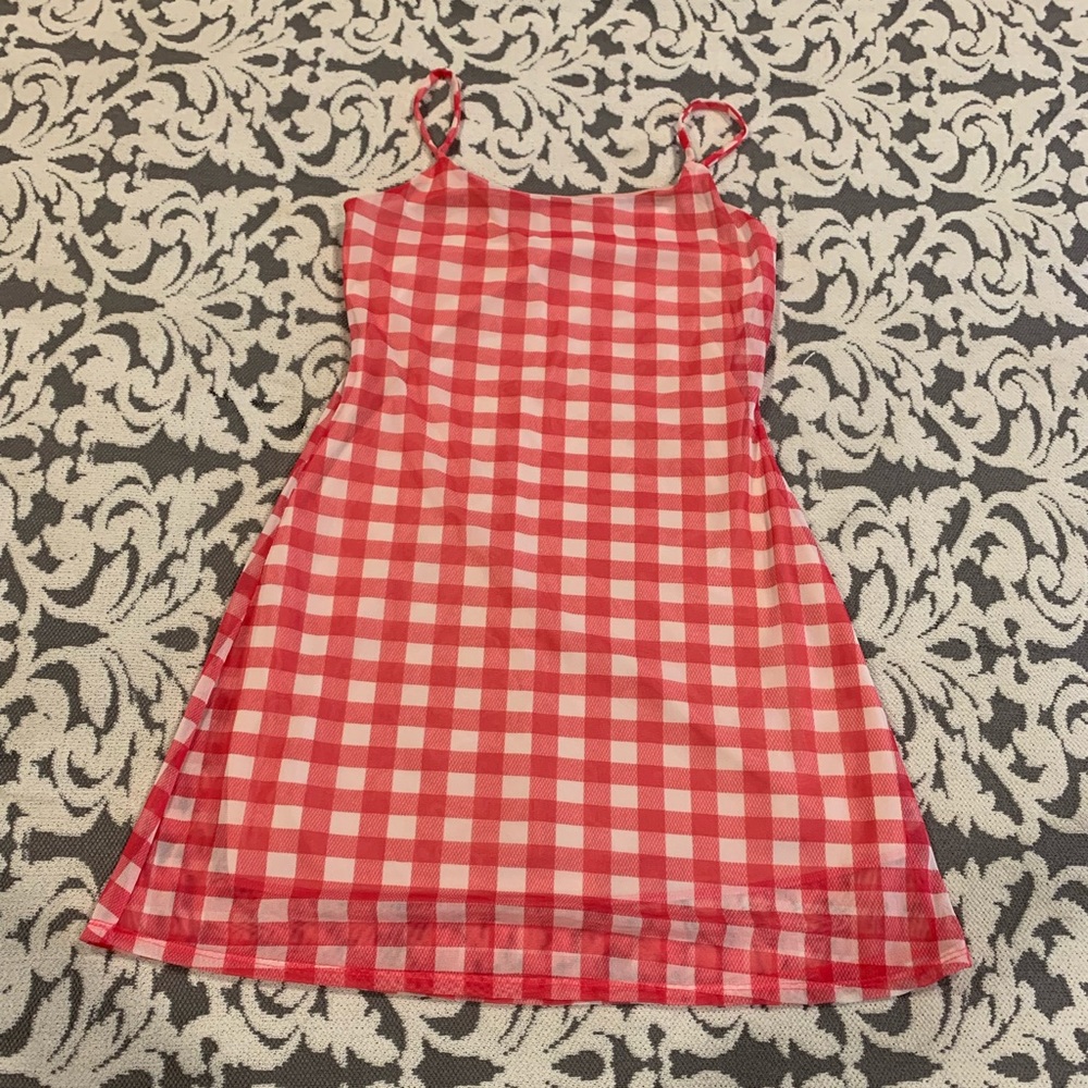 Spaghetti Strap Hot Pink Checkered Dress
